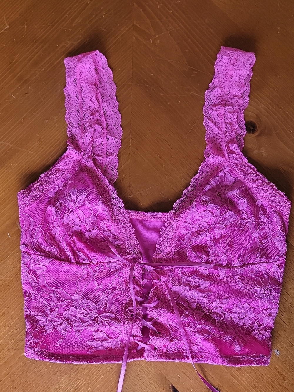 Neon Pink Floral Lace Corset Style Lace Up Crop Tank Top Small S